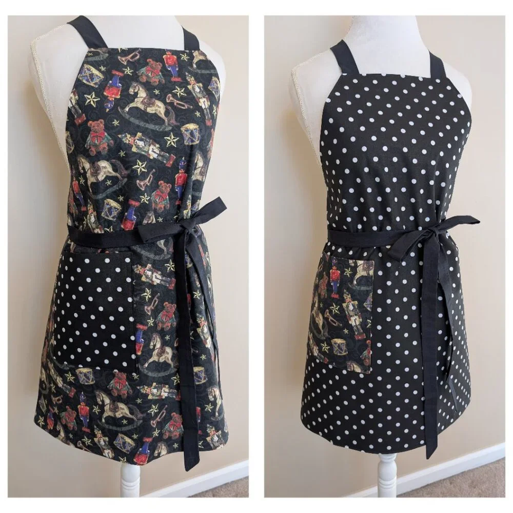 NWT Handmade Reversible Apron - Christmas ornaments and dots - One Size - OOAK